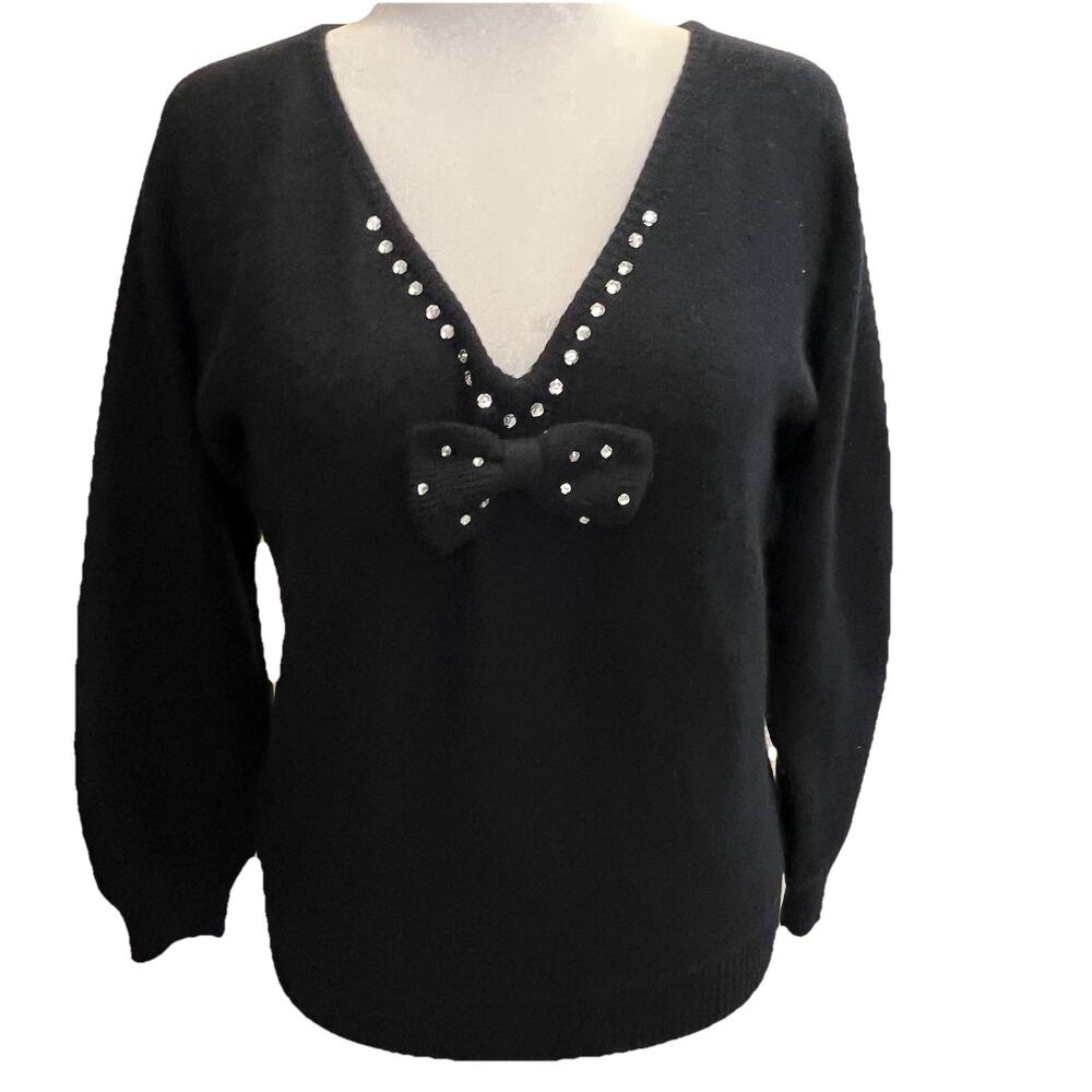 Rochelle CA Women Vtg Sweater M Black Lambswool Angora Rhinestone Bow 80 90s Y2K
